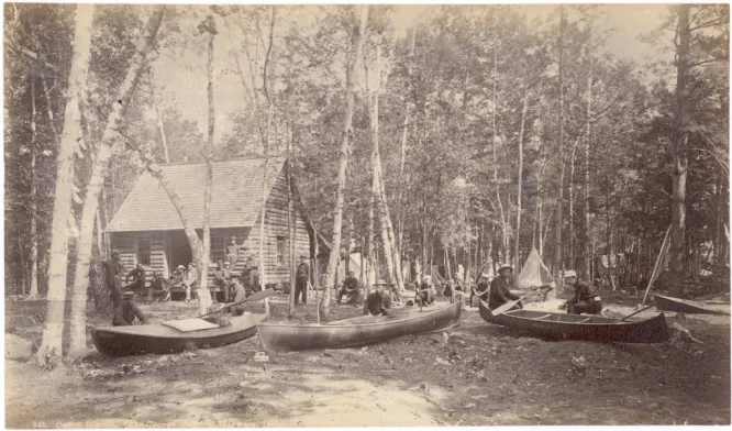 The 1881 meeting of the American Canoe Association. These camping events were a proving ground for sailing canoe development. The photograph below shows the original Shadow, one of the first American-designed canoes, with the same style of snug rig as the early American versions of Nautilus. Stoddart pic is from the New York State Museum site.