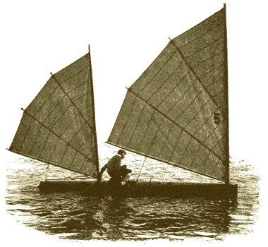 Mab, one of the most extreme canoes of her time. Just 30 inches (76cm wide), she carried 126 sq ft/11.6m^2 of sail. Scans from Outing magazine by Tim Gittins.