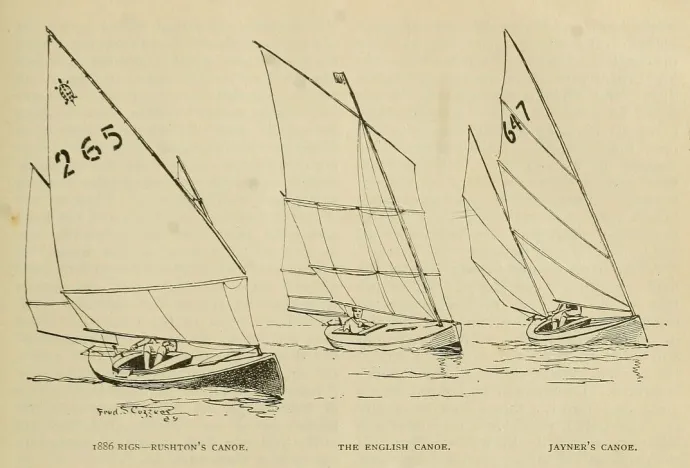 Contrast in canoe rigs, as seen in a Fred Cozzens sketch illustrating Vaux’s article “Canoe Meet at the Thousand Islands” in Outing of August 1886. The English rig (centre) was complicated but allowed the sailor to reef deeply down for the variable English conditions. Pecowsic’s “standing sail” sailplan (to the right) required the whole rig to be lifted out when wind increased. A typical American rig (to the left) had one reef. The photograph of the regatta site below, with canoes stretching to the distance, comes from the same article.